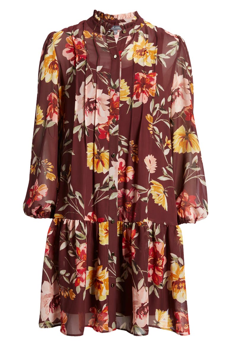 Floral Pleated Long Sleeve Dress, Alternate, color, BROWN MULTI