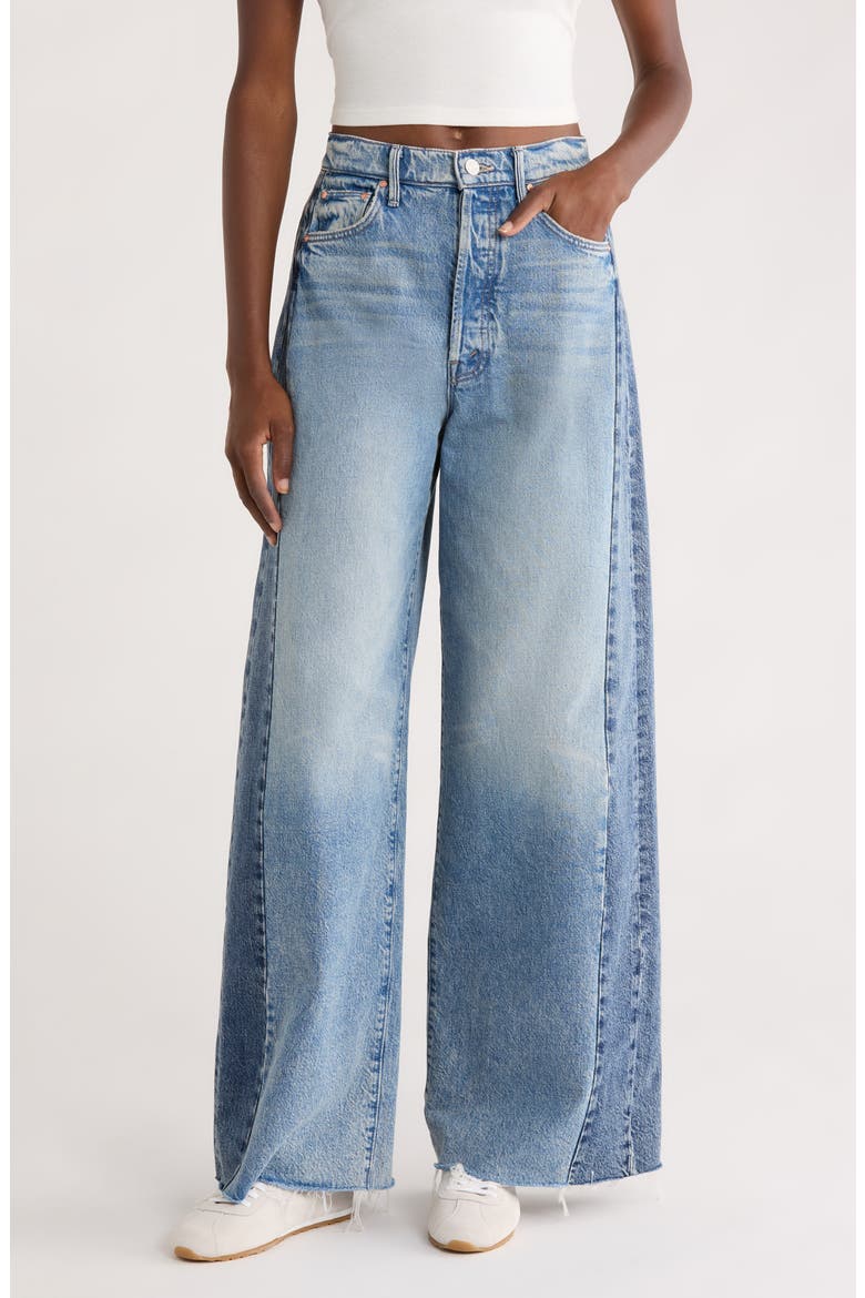 Pipe Dream Button Sneak High Waist Fray Hem Wide Leg Jeans, Main, color, BLINDED BY THE DARK