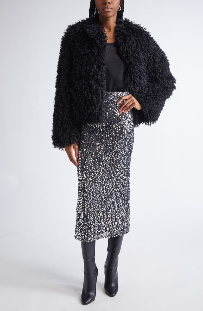 ST. JOHN Paillette Embroidered Metallic Mesh Skirt, Alternate, color, Black Silver