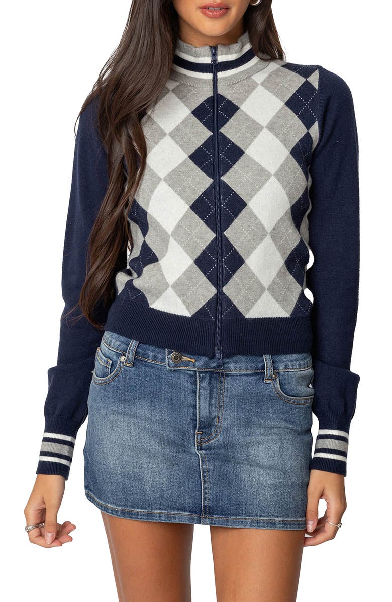 EDIKTED Madisen Argyle Cardigan, Main, color, Navy