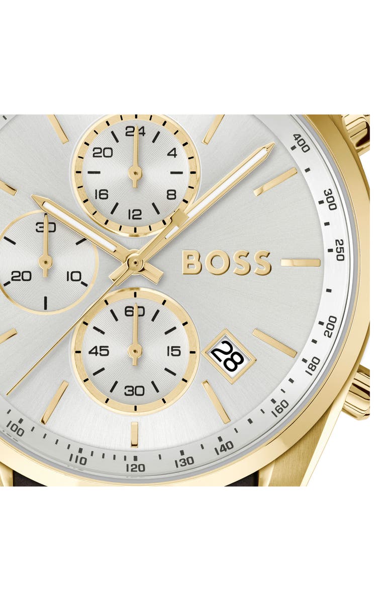 BOSS Grand Prix Leather Strap Watch, 44.5mm, Alternate, color, Silver White