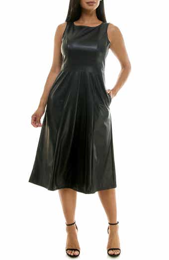 Nina Leonard Scoop Neck A-Line Faux Leather Dress
