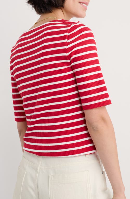 Seasalt Cornwall Early Orchid Stripe Cotton Rib Henley In Breton Scarlet Chalk