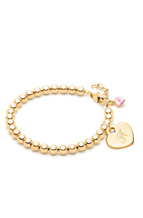 14K Gold 4mm Beads & Engraved Initial 6.25" Bracelets