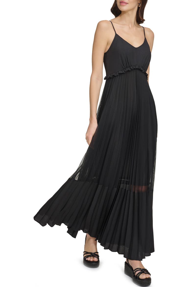 Sleeveless Pleated Maxi Dress, Alternate, color, BLACK
