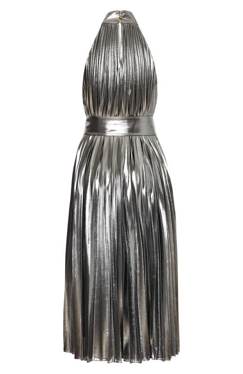 Shop Milly Idena Pleated Metallic Halter Dress In Silver