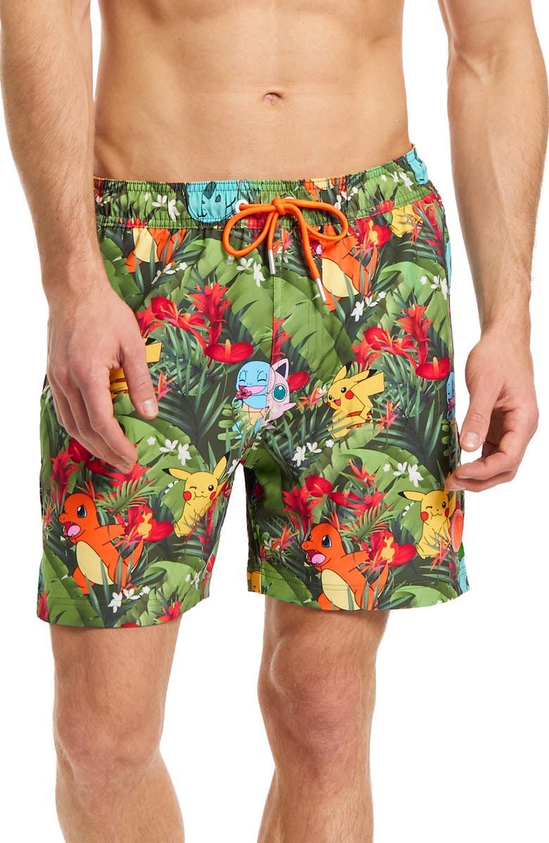 OppoSuits Pokémon Tropical Forest Stretch Swim Trunks, Main, color, 