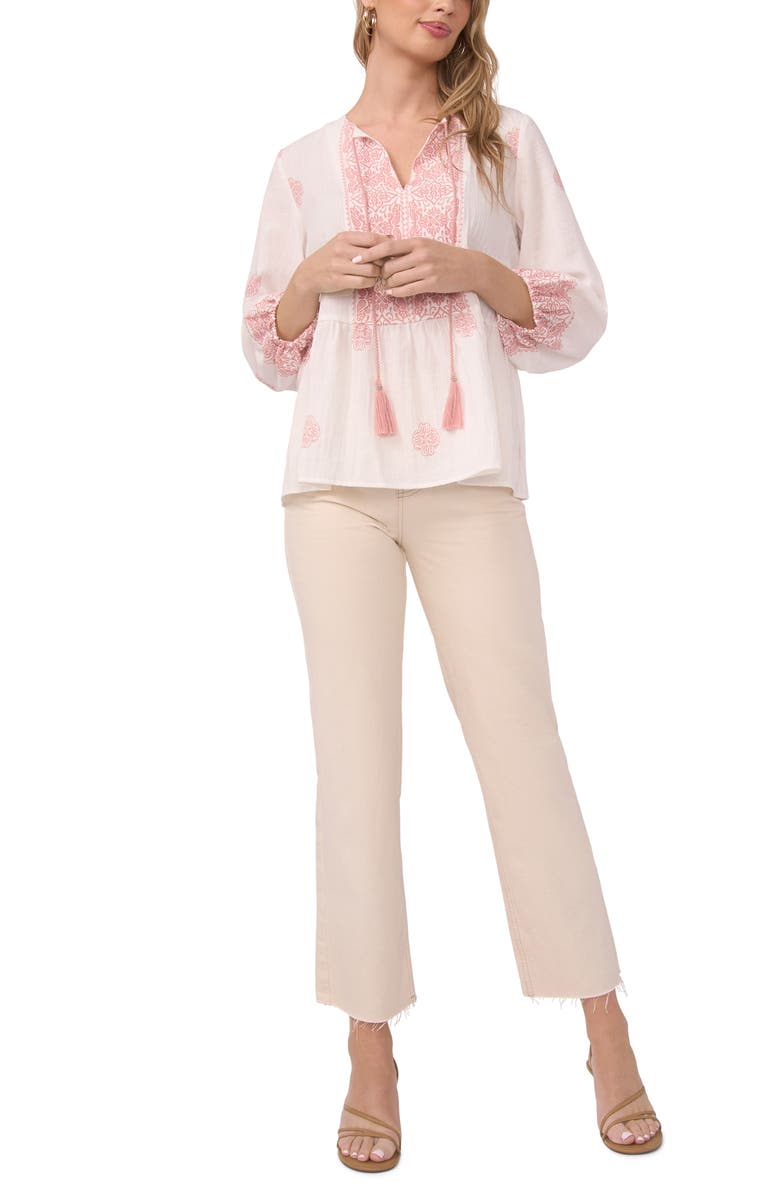 Vince Camuto Embroidered Tie Neck Peasant Top, Alternate, color, Rose Hip