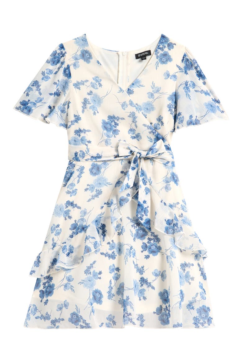 Kids' Flutter Sleeve Faux Wrap Party Dress, Main, color, IVORY/ BLUE