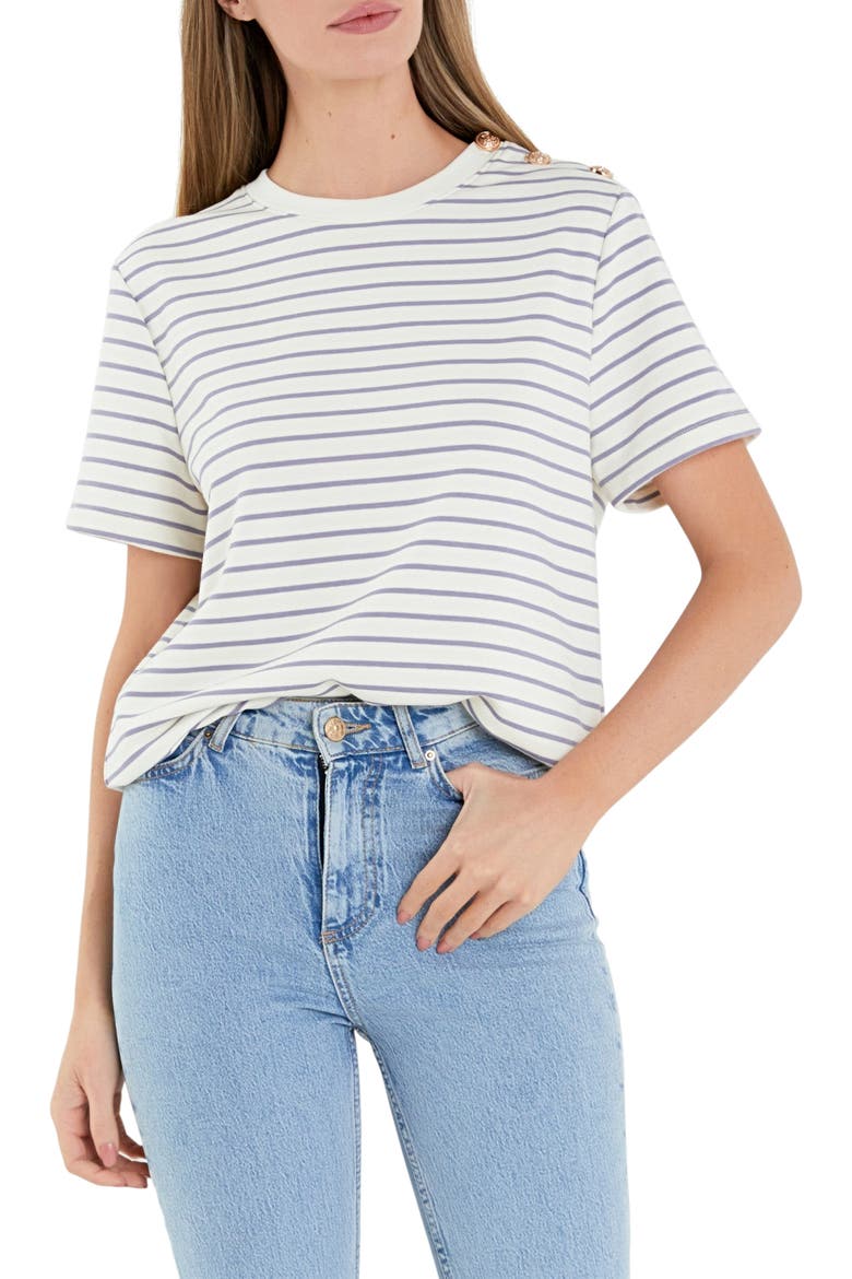 Button Stripe Jersey T-Shirt, Main, color, CREAM/ PURPLE