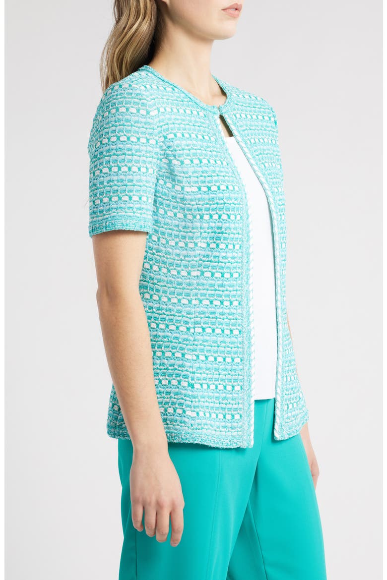 Mixed Stitch Short Sleeve Cardigan, Alternate, color, EMERALD AWE/ CALYPSO BLUE