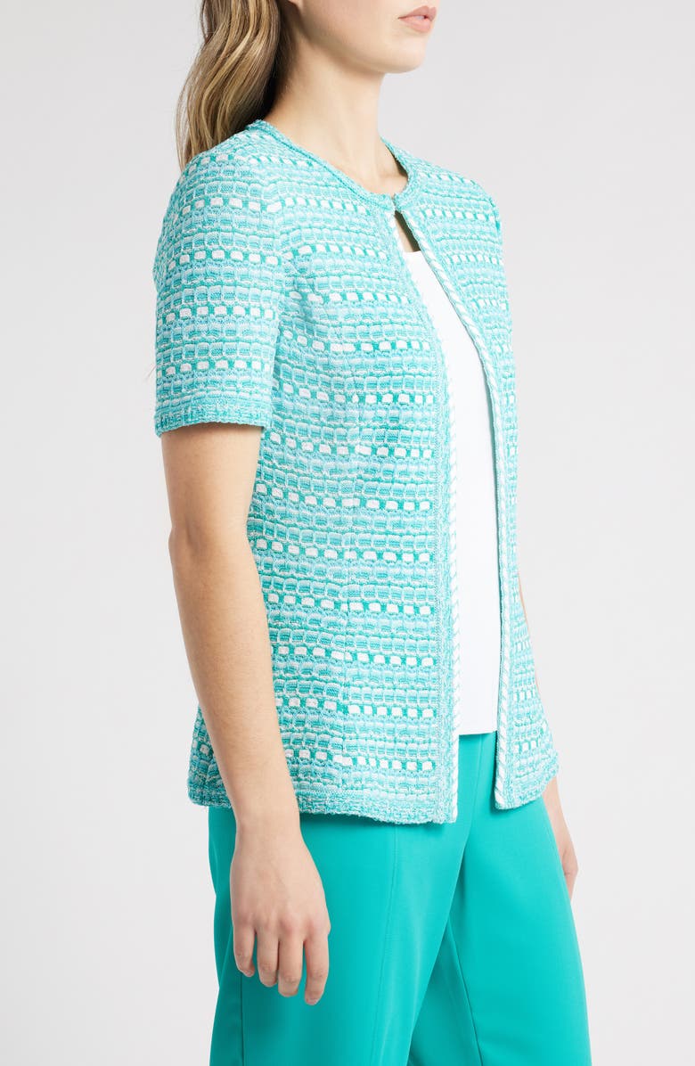 Ming Wang Mixed Stitch Short Sleeve Cardigan, Alternate, color, Emerald Awe/ Calypso Blue