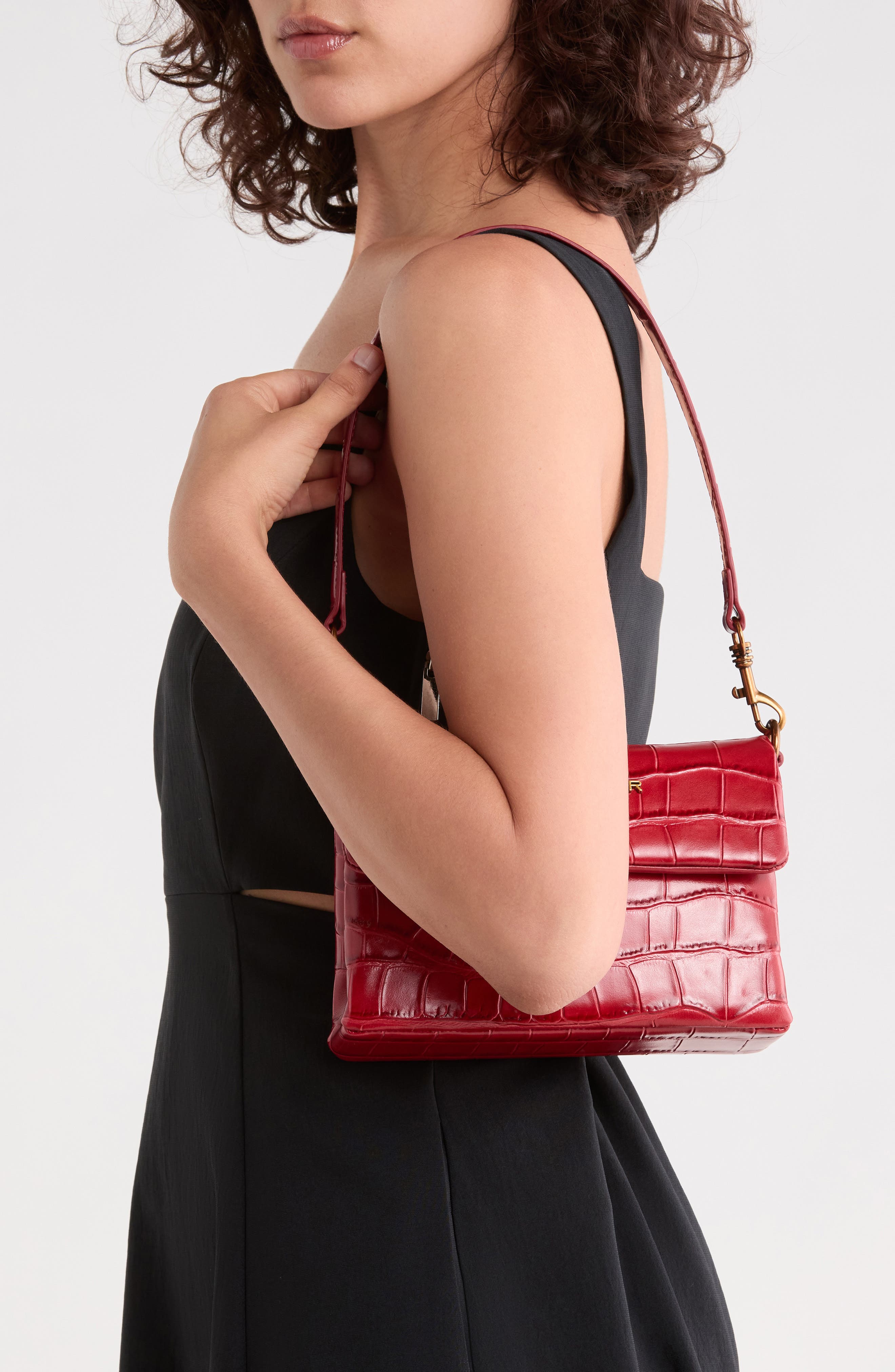 Mini Brompton Croc Embossed Leather Crossbody Bag, Alternate, color, RED