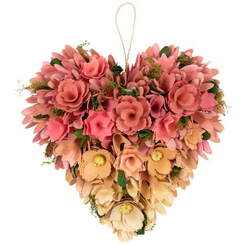 Mixed Floral and Foliage Artificial Valentine's Day Heart Wreath - 12.25" - Pink and Yellow