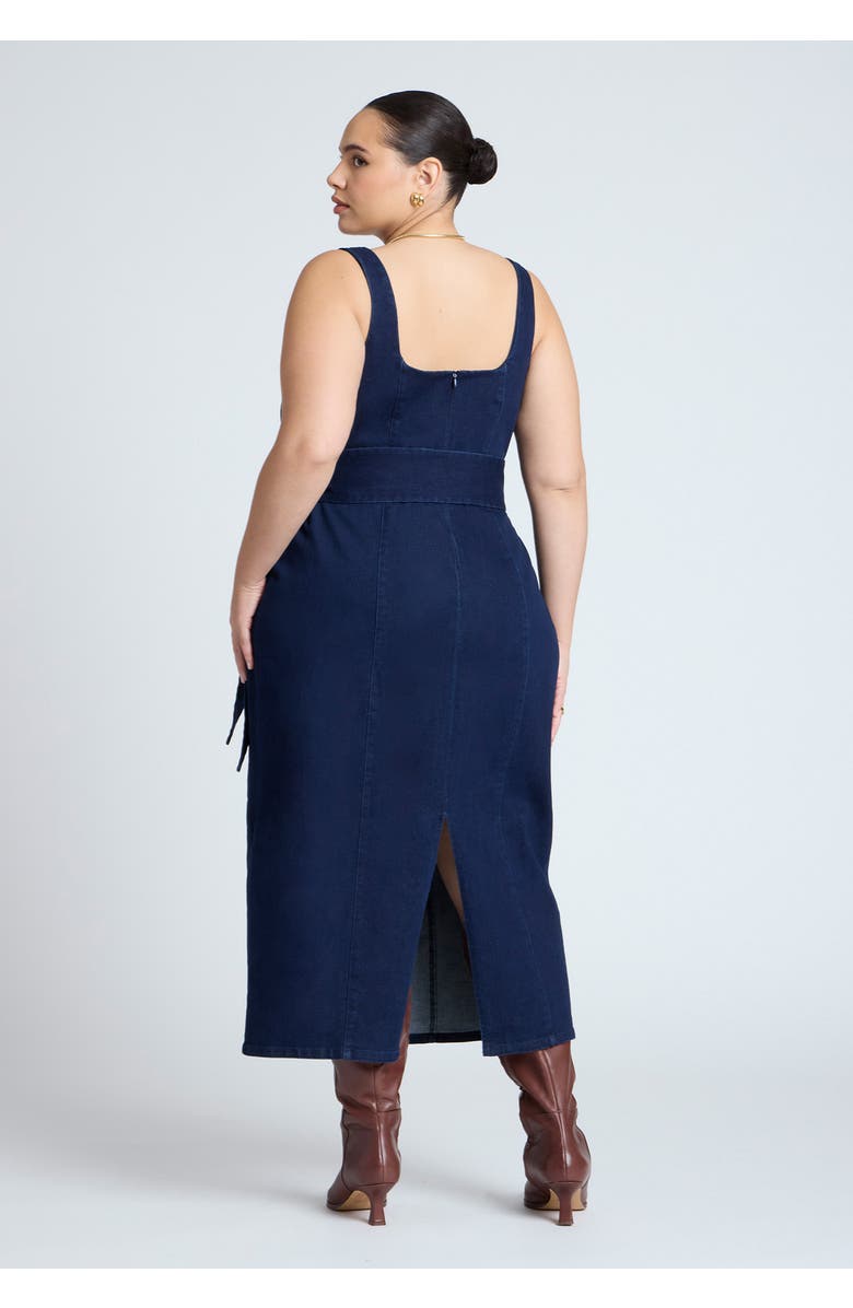 ELOQUII Tie Detail Denim Midi Dress, Alternate, color, Dark Wash