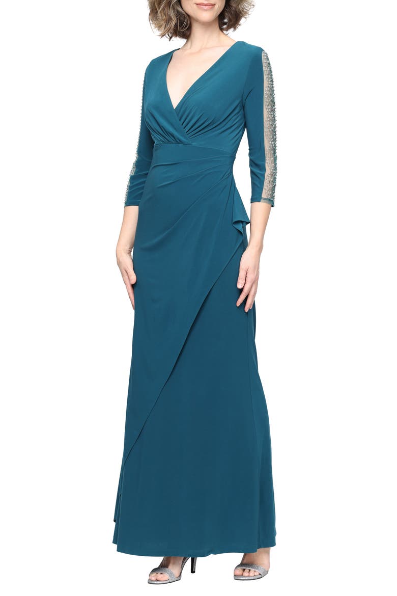 Beaded Sleeve Empire Waist Gown, Main, color, MALLARD