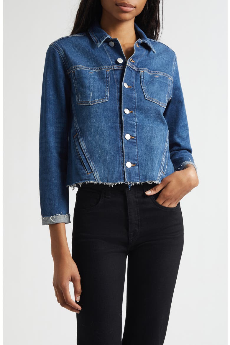 Janelle Slim Fit Raw Hem Denim Trucker Jacket, Main, color, AUTHENTIQUE