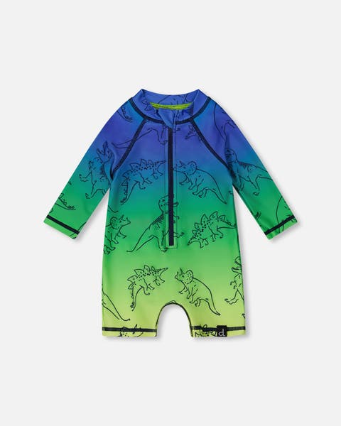 Baby Boy's Printed Long Sleeve One-Piece Rashguard Vibrant Blue And Green Dino