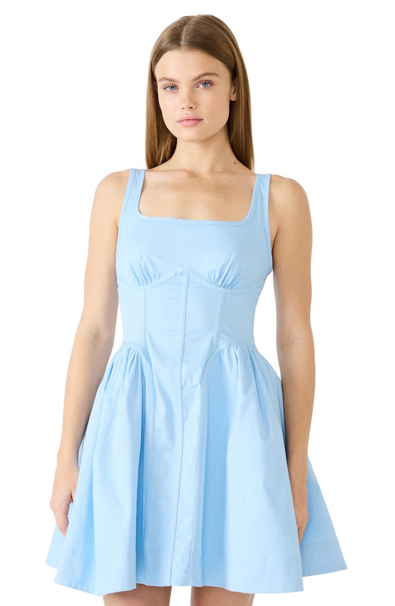 Steve Madden Vail Corset Bodice Stretch Cotton Minidress, Alternate, color, Azure Blue
