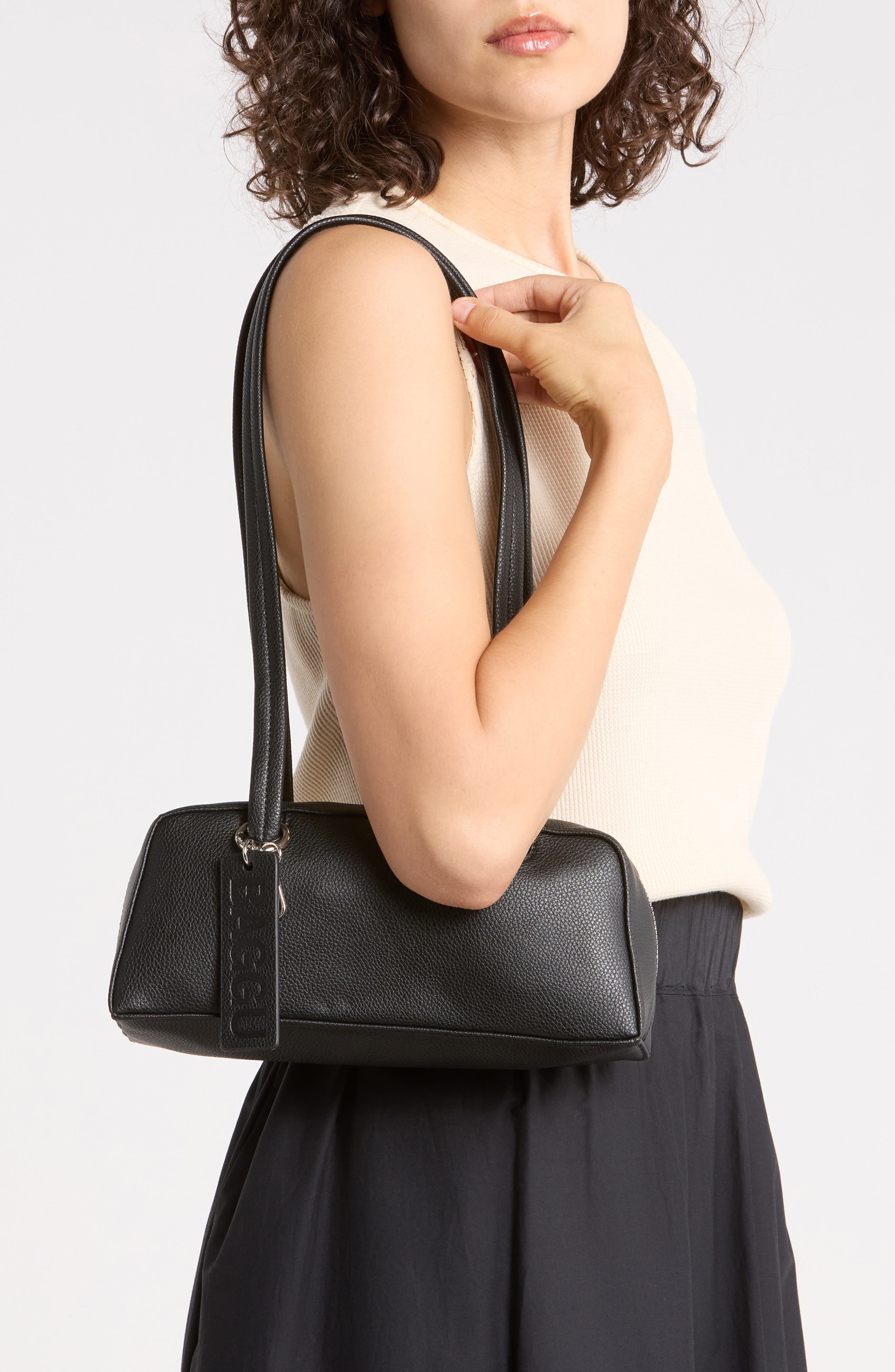 Baggu Small Recycled Leather Bowler Shoulder Bag, Alternate, color, Black