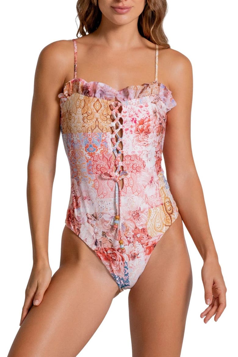 Ruffle Lace-Up One-Piece Swimsuit, Main, color, MULTI