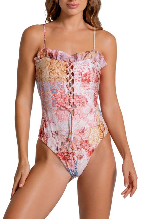 Ruffle Lace-Up One-Piece Swimsuit