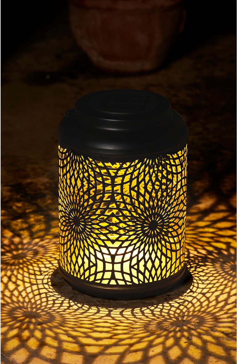 Glitzhome Metal Cutout Scrollwork Solar Powered Outdoor Hanging Lantern with LED Light, Alternate, color, Black