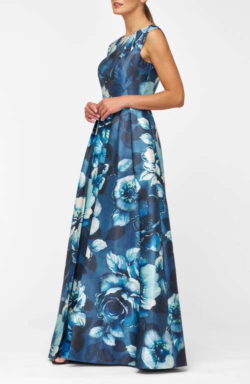 Kay Unger Kate Floral Layered Mikado Gown In Blue