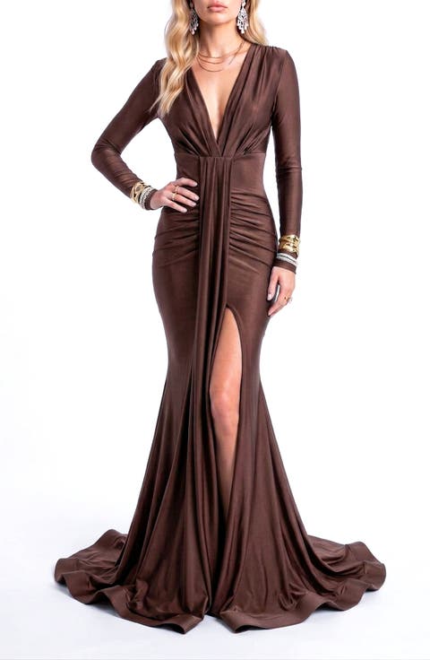 Ruched Long Sleeve Slit Mermaid Gown