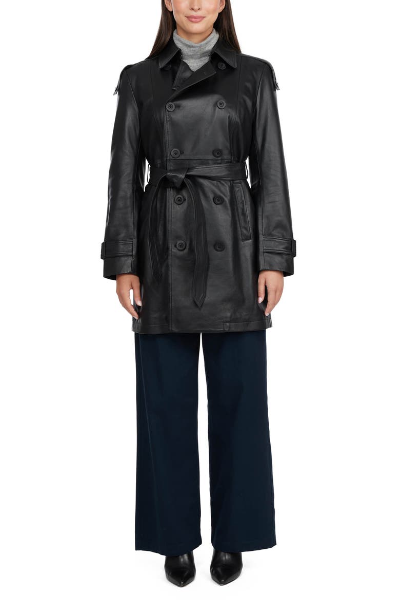 BADGLEY MISCHKA Double Breasted Leather Trench Coat, Alternate, color, 
