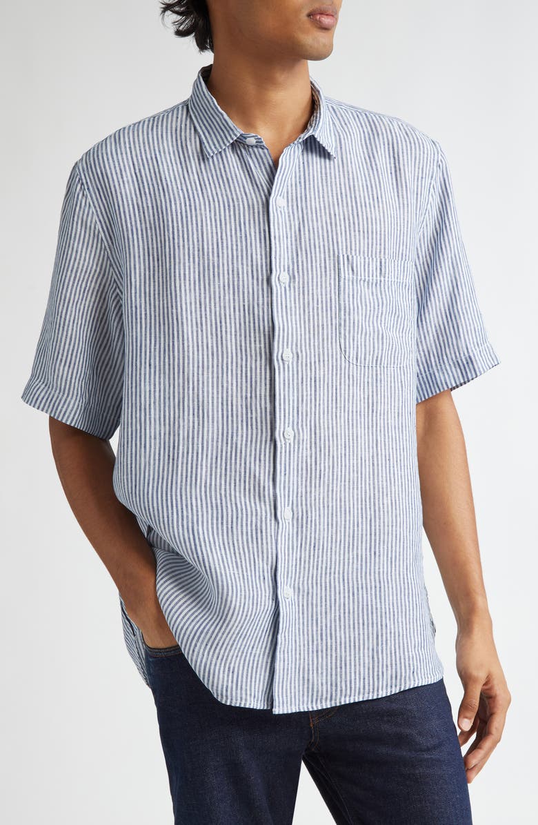 Sunspel Stripe Short Sleeve Linen Button-Up Shirt, Main, color, 