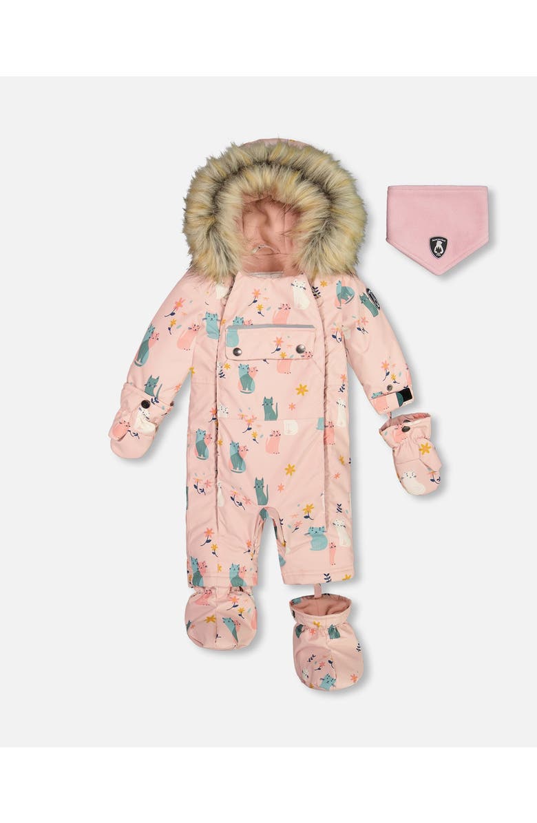 Deux par Deux Baby Girl's One Piece Baby Snowsuit Light Pink Printed Cats Designed For Car Seat, Main, color, 