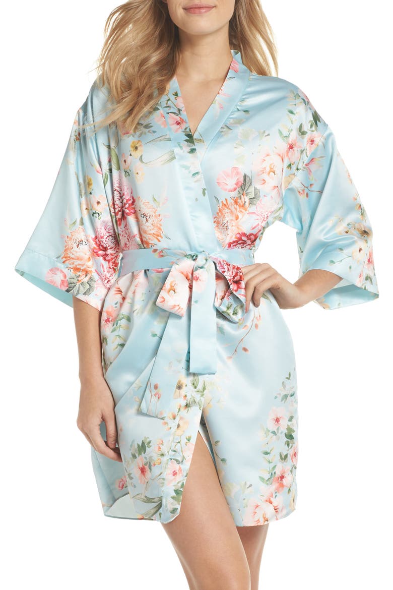 Renata Short Satin Robe, Main, color, BRIDAL BLUE