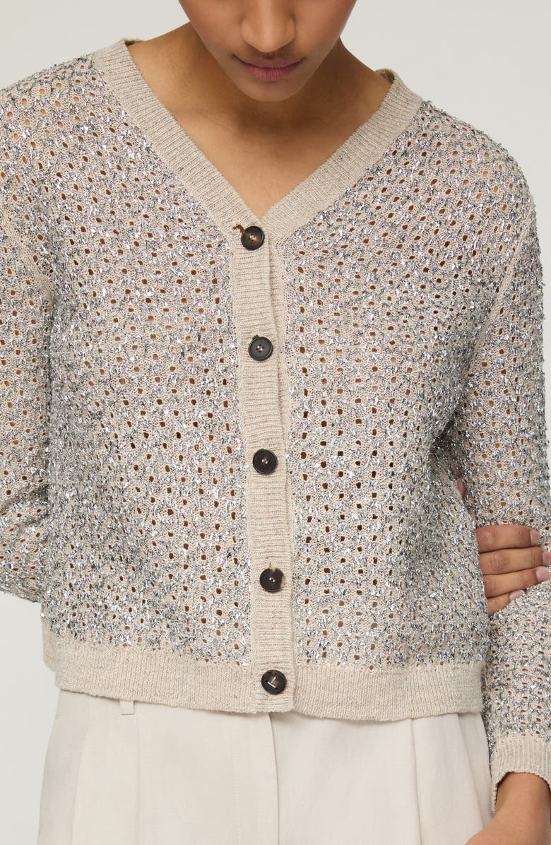 Lafayette 148 New York Pointelle Metallic Linen & Silk Cardigan, Alternate, color, 