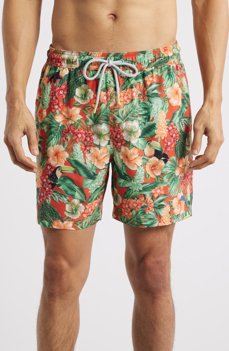 Tommy Bahama Naples Toucan Paradise Swim Trunks, Main, color, Mango Tango