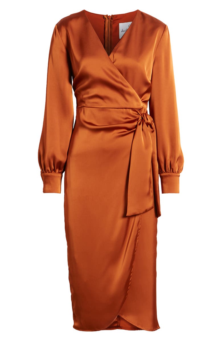 Sam Edelman Fluid Long Sleeve Satin Faux Wrap Midi Dress, Alternate, color, Copper