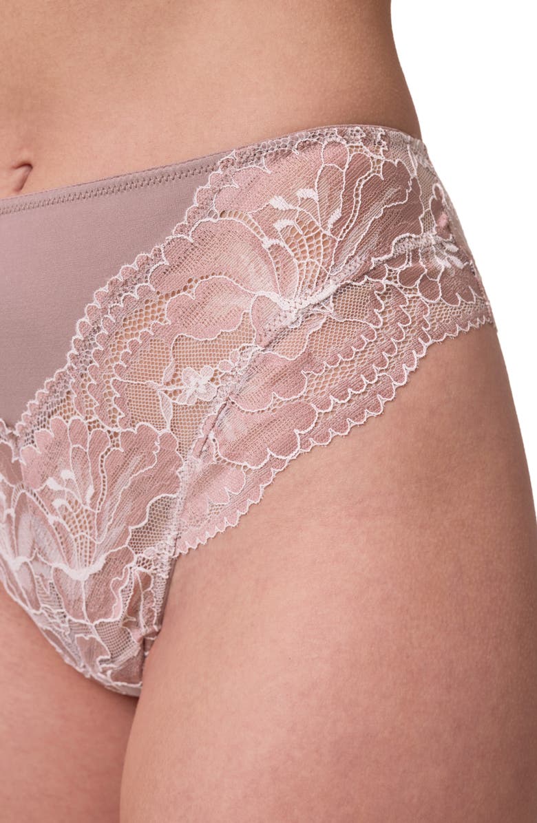 Montelle Intimates Floral Lace & Microfiber Thong, Alternate, color, Moonshell/ Chantilly