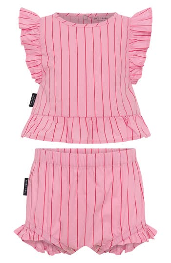 Tiny Tribe Lolly Stripe Frill Cotton Top & Shorts Set In Pink