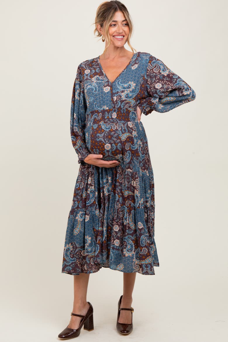 Paisley Print Smocked Waist Tiered Midi Dress, Main, color, Teal