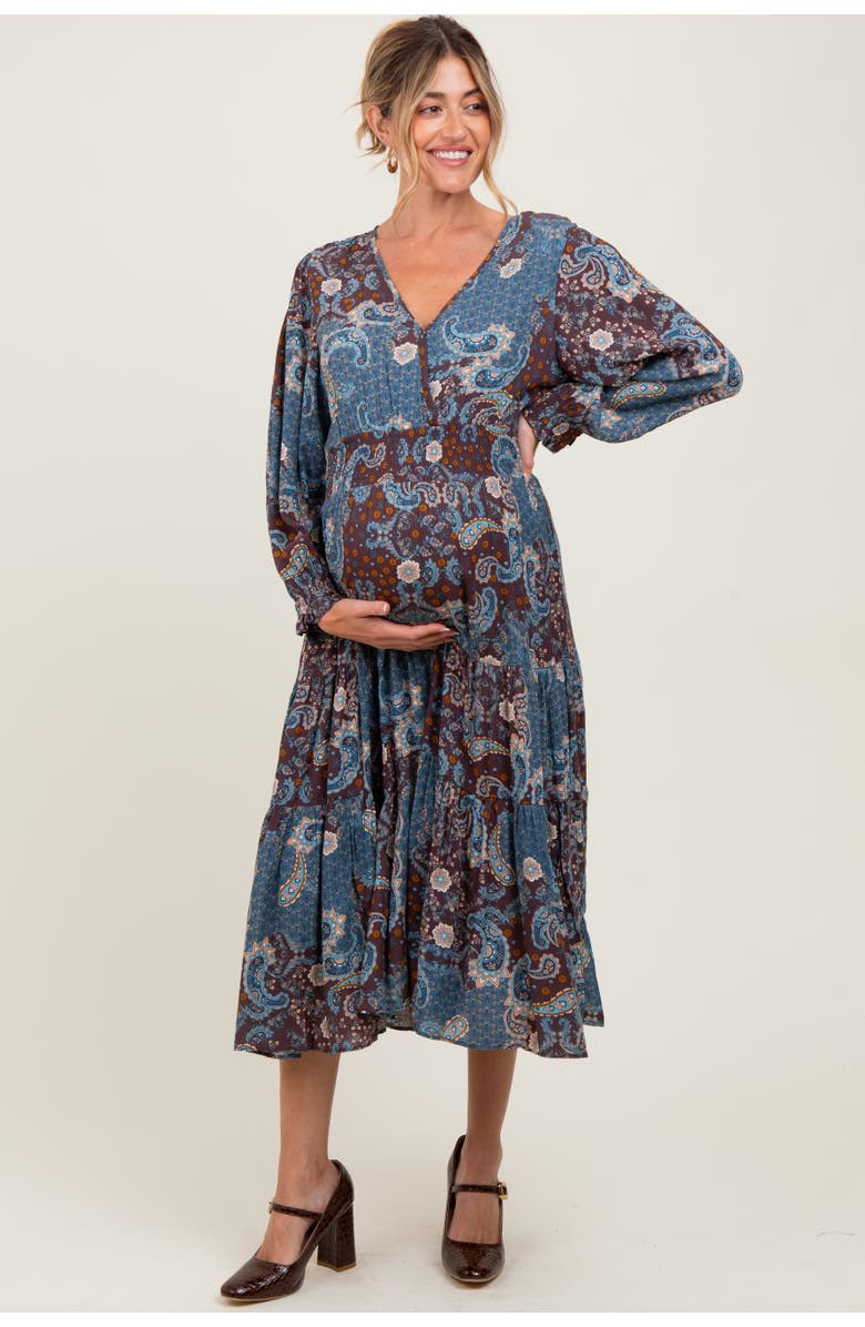 PinkBlush Paisley Print Smocked Waist Tiered Midi Dress, Alternate, color, Teal