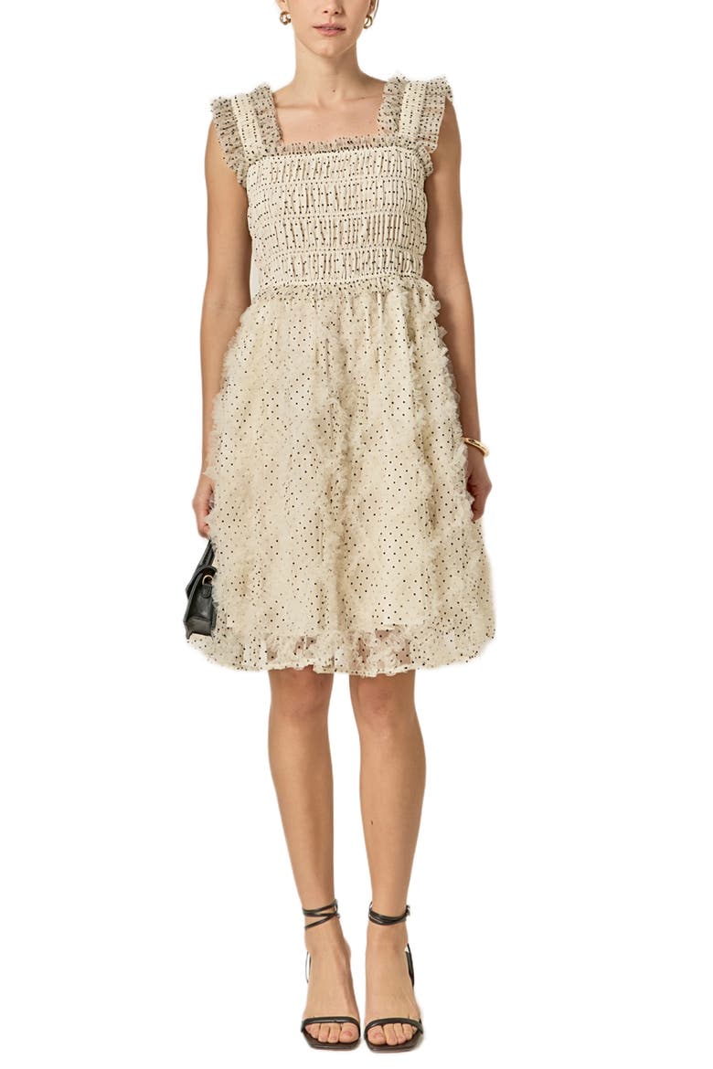 Frill Detail Polka Dot Dress, Main, color, WHITE/ BLACK