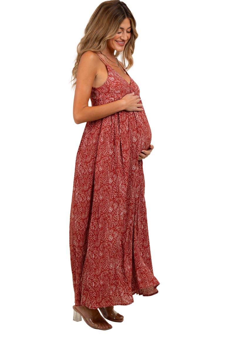 Paisley Print Sleeveless Side Slit Maxi Dress, Alternate, color, Rust