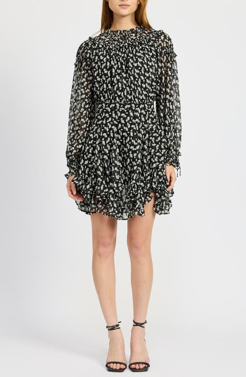 En Saison Genevieve Long Sleeve Chiffon Minidress In Black Gold