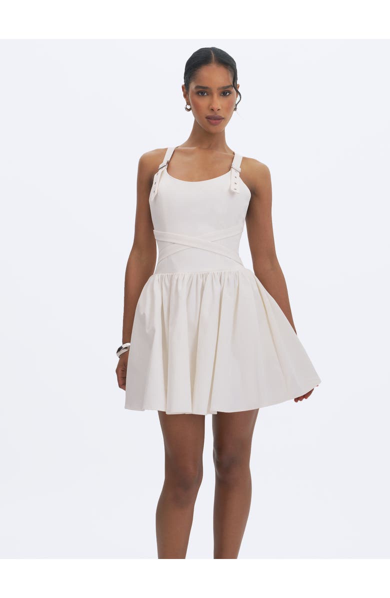 Miss Circle Francine Cotton Denim Crossover Strap Mini Dress, Alternate, color, White