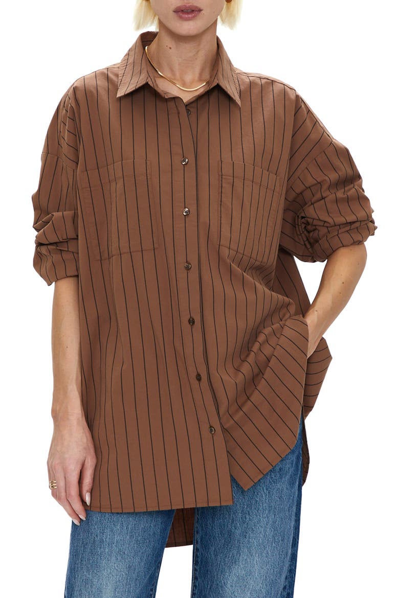 Rena Oversize Stripe Stretch Cotton Button-Up Shirt, Main, color, CHESTNUT NOIR STRIPE