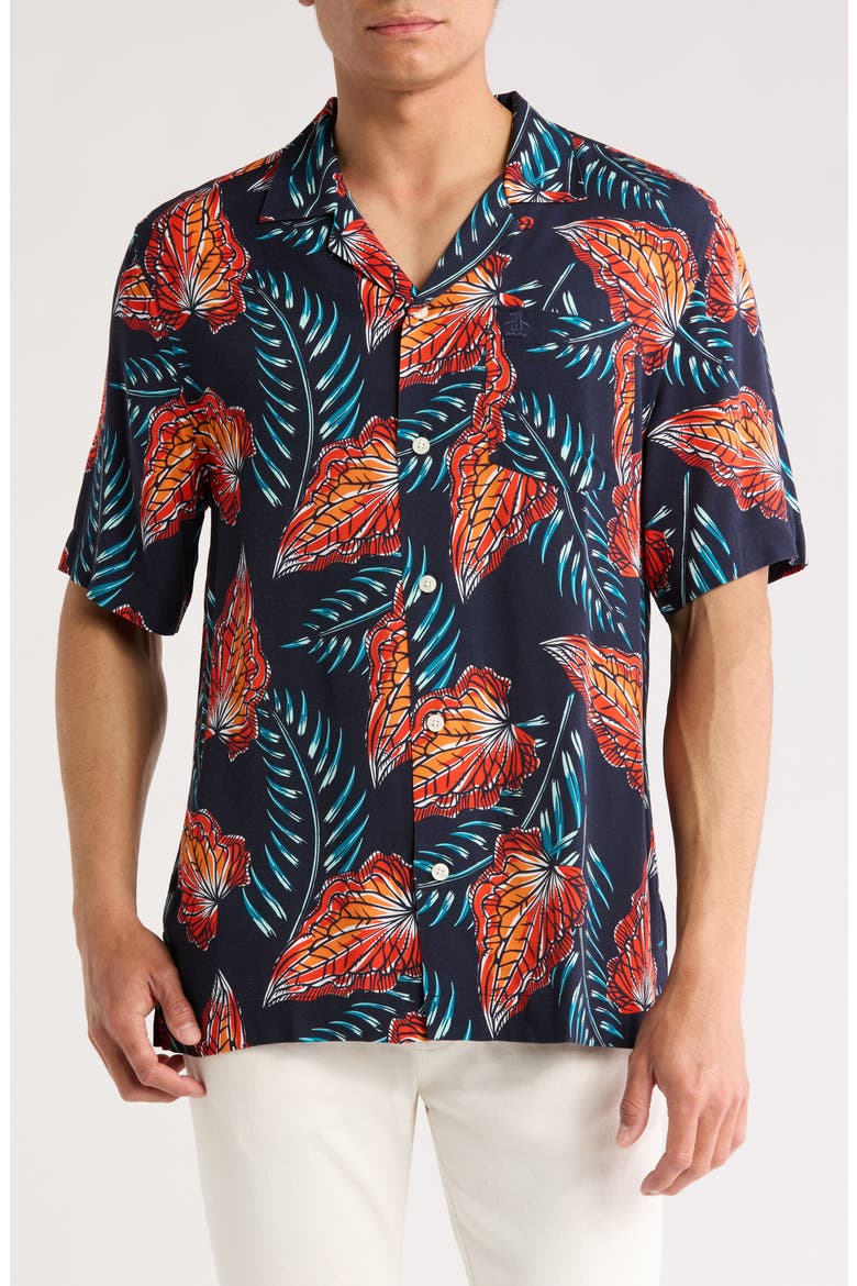 Leaves Slim Fit Camp Shirt, Main, color, DARK SAPPHIRE
