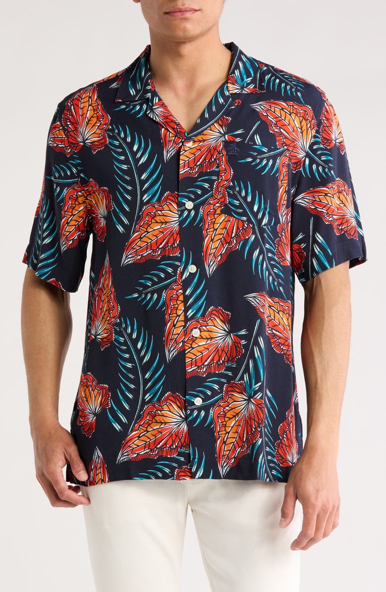 Original Penguin Leaves Slim Fit Camp Shirt, Main, color, Dark Sapphire