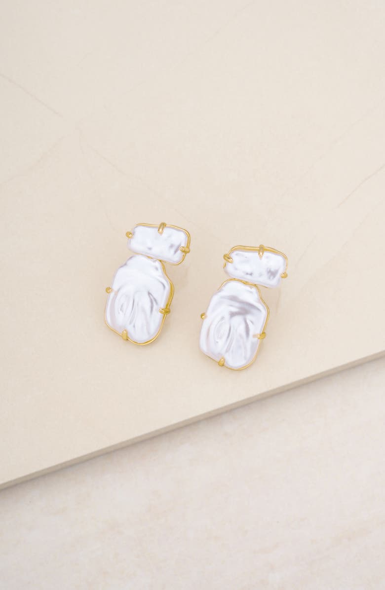 Ettika Double Imitation Pearl Post Earrings, Alternate, color, White