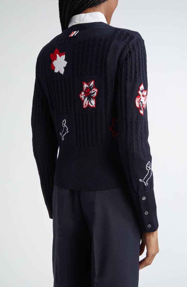 Thom Browne Hector Floral Cable Knit Virgin Wool Cardigan, Alternate, color, 
