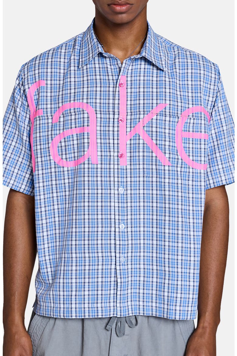 Check Fake Short Sleeve Graphic Button-Up Shirt, Alternate, color, BLUE